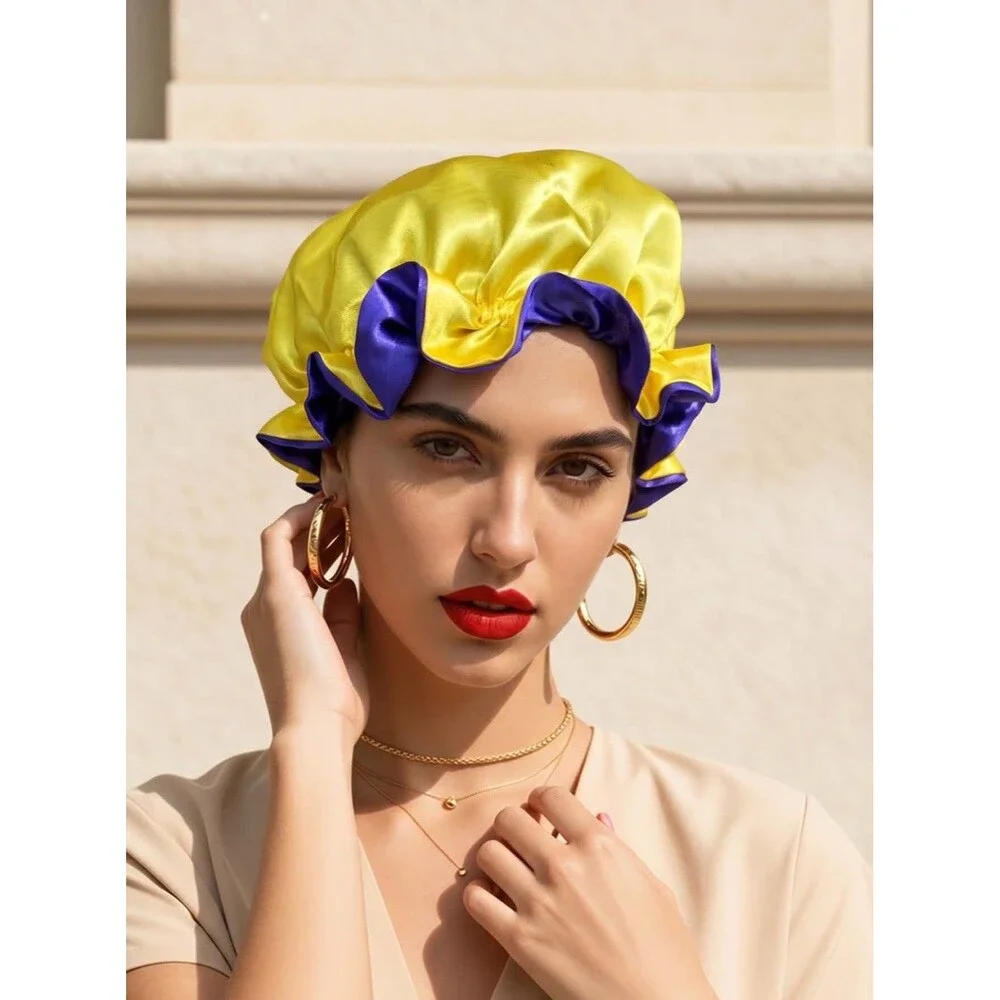 Reversible Satin Sleep Bonnet – Blue & Yellow– Extra Large, Elastic Fit